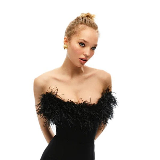 Women's Sheath Dress Elegant Strapless Feather Sleeveless Solid Color Above Knee Daily Street